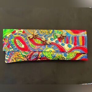 New in bag Handpainted Susan Tancer handbag with three beautiful brooches